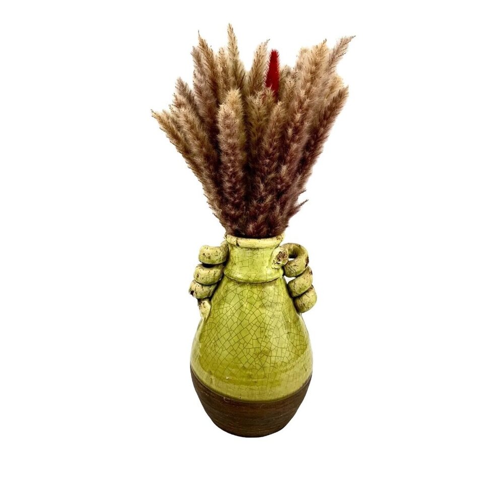 Vase in Green Colour with Curl Handle Unique Mid Century  Pottery For Home Decor